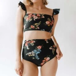 Rose Black Ruched High-Waisted Bottoms -Fashion Swimsuit 1DSC03582final