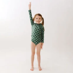 Mini Rash Guard Two-Piece Set, Green Check -Fashion Swimsuit 369A0067final