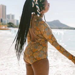 Golden Hour Long Sleeve Rash Guard One-Piece -Fashion Swimsuit 369A0704final