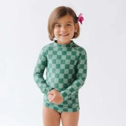 Mini Rash Guard And Shorts Set, Green Check -Fashion Swimsuit 369A2795final