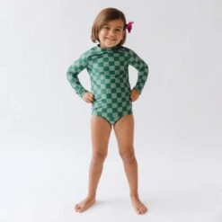 Mini Rash Guard And Shorts Set, Green Check -Fashion Swimsuit 369A2798final 53e70a77 ae32 43d7 b0c6 06fc186d4dc2