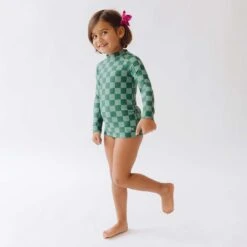 Mini Rash Guard And Shorts Set, Green Check -Fashion Swimsuit 369A2822final