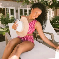 Red Gingham Ruched High-Waisted Bottoms -Fashion Swimsuit 369A4232final