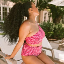 Red Gingham Ruched High-Waisted Bottoms -Fashion Swimsuit 369A4243final