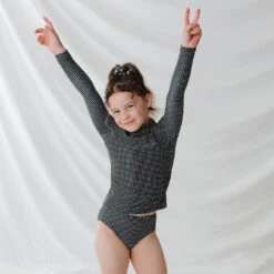 Mini Rash Guard Two-Piece Set, Black Checkers -Fashion Swimsuit 369A5111final