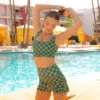 Green Check High-Waisted Swim Skirt