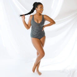 Black Checkers Top Knot One-Piece -Fashion Swimsuit 369A9754final