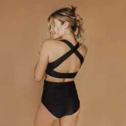 Matte Black Ruched High-Waisted Bottoms -Fashion Swimsuit BlackRuched Web2