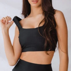 Matte Black Olivia Swim Crop -Fashion Swimsuit blacktop close